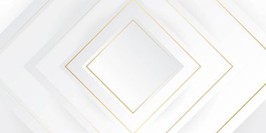 Lüks altın ve beyaz arka plan, soyut dekorasyon, altın desen, yarım ton gradyan, üç boyutlu vektör çizimi. Beyaz, gri, altın çizgiler kaplama şablonu, geometrik şekiller, modern minimal bayrak