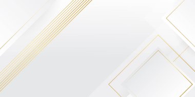 Lüks altın ve beyaz arka plan, soyut dekorasyon, altın desen, yarım ton gradyan, üç boyutlu vektör çizimi. Beyaz, gri, altın çizgiler kaplama şablonu, geometrik şekiller, modern minimal bayrak