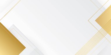 Lüks altın ve beyaz arka plan, soyut dekorasyon, altın desen, yarım ton gradyan, üç boyutlu vektör çizimi. Beyaz, gri, altın çizgiler kaplama şablonu, geometrik şekiller, modern minimal bayrak