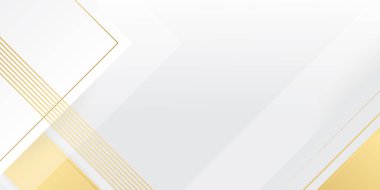 Lüks altın ve beyaz arka plan, soyut dekorasyon, altın desen, yarım ton gradyan, üç boyutlu vektör çizimi. Beyaz, gri, altın çizgiler kaplama şablonu, geometrik şekiller, modern minimal bayrak