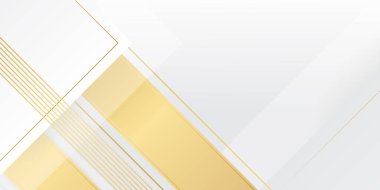Lüks altın ve beyaz arka plan, soyut dekorasyon, altın desen, yarım ton gradyan, üç boyutlu vektör çizimi. Beyaz, gri, altın çizgiler kaplama şablonu, geometrik şekiller, modern minimal bayrak