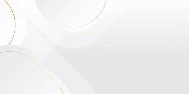 Lüks altın ve beyaz arka plan, soyut dekorasyon, altın desen, yarım ton gradyan, üç boyutlu vektör çizimi. Beyaz, gri, altın çizgiler kaplama şablonu, geometrik şekiller, modern minimal bayrak