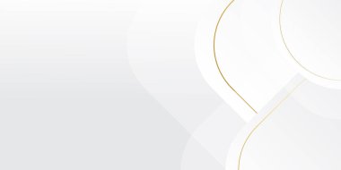 Lüks altın ve beyaz arka plan, soyut dekorasyon, altın desen, yarım ton gradyan, üç boyutlu vektör çizimi. Beyaz, gri, altın çizgiler kaplama şablonu, geometrik şekiller, modern minimal bayrak