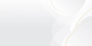 Lüks altın ve beyaz arka plan, soyut dekorasyon, altın desen, yarım ton gradyan, üç boyutlu vektör çizimi. Beyaz, gri, altın çizgiler kaplama şablonu, geometrik şekiller, modern minimal bayrak