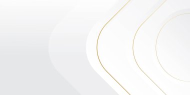 Lüks altın ve beyaz arka plan, soyut dekorasyon, altın desen, yarım ton gradyan, üç boyutlu vektör çizimi. Beyaz, gri, altın çizgiler kaplama şablonu, geometrik şekiller, modern minimal bayrak