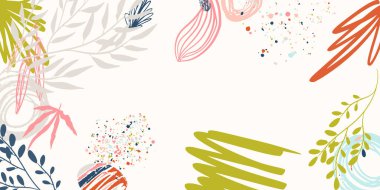 Sevgililer günü için soyut çiçek arkaplanı tebrik kartı, düğün davetiyesi. Moda geometrik formlar ve çiçek dekoru elementleri. El çizimi sanat fırçası darbesi ile bitkisel organik arka plan