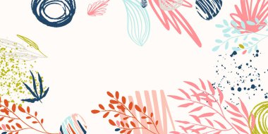 Sevgililer günü için soyut çiçek arkaplanı tebrik kartı, düğün davetiyesi. Moda geometrik formlar ve çiçek dekoru elementleri. El çizimi sanat fırçası darbesi ile bitkisel organik arka plan