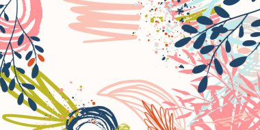 Sevgililer günü için soyut çiçek arkaplanı tebrik kartı, düğün davetiyesi. Moda geometrik formlar ve çiçek dekoru elementleri. El çizimi sanat fırçası darbesi ile bitkisel organik arka plan