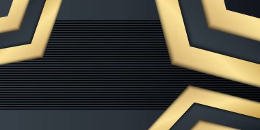 Modern teknoloji, oklu ve çizgi çizgili siyah 3D arka plan. Altın üçgen şekilli soyut geometrik afiş. Lükslü koyu gri ve altın rengi. Altın kağıt malzeme katmanı arka planı