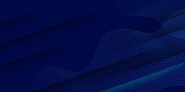 Üst üste binen geometrik şekiller ve gradyan dalga eğrisi çizgisi olan soyut geleceksel mavi afiş arkaplanı