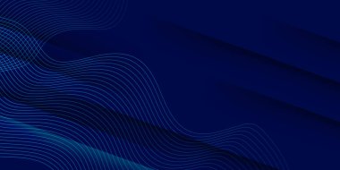 Üst üste binen geometrik şekiller ve gradyan dalga eğrisi çizgisi olan soyut geleceksel mavi afiş arkaplanı