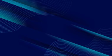 Üst üste binen geometrik şekiller ve gradyan dalga eğrisi çizgisi olan soyut geleceksel mavi afiş arkaplanı