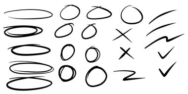 Vektör karalama tasarım elemanları. El çizimi oklar, çerçeveler, sınırlar, simgeler ve semboller. Çizgi film biçimi bilgisel elementleri.