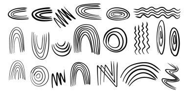 Vektör karalama tasarım elemanları. El çizimi oklar, çerçeveler, sınırlar, simgeler ve semboller. Çizgi film biçimi bilgisel elementleri.