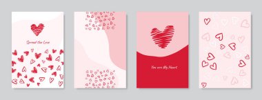 Sevgililer Günü konsept posterleri. Vektör çizimi. Geometrik arkaplanda çerçevesi olan düz kırmızı ve pembe kağıt kalpler. Sevimli aşk satışı afişleri ya da tebrik kartları