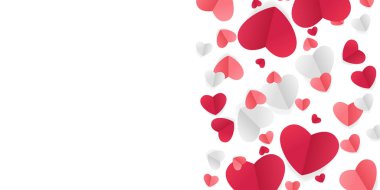 Kırmızı, pembe ve beyaz uçan kalpler şeffaf arka planda izole edilmiş. Vektör çizimi. Sevgililer Günü sınır veya çerçeve tasarımı için kağıt kesimi dekorasyonları