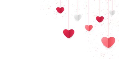 Kalp şekilli ve bulutlu aşk arkaplanı. Kağıt kesikli yatay pankart bulutlar ve mavi gökyüzünde uçan kalpler kağıt kesiği sanat. Sevgililer Günü İndirim Konsepti, kare çerçeveli kupon şablonu.