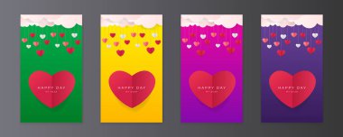 Bir dizi pembe sarı mutlu sevgililer günü dikey afişleri, posterleri, kartları ya da origami kalplerini kağıt kesiği şeklinde broşürleri. Reklam, web, sosyal medya, hikayeler için tasarım şablonu
