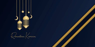 Ramazan kareem İslami tebrik kartı arkaplan vektör çizimi. Ramazan 2021 vektör broşürü altın ve mavi arkaplanlı. Altın ay ve soyut lüks İslami elementler arka plan
