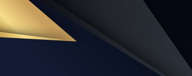 Lüks kağıt kesimi arka plan, soyut dekorasyon, altın desenler, altın gradyanlar, 3d Vektör çizimi. Siyah, koyu mavi, altın dalgalar Şablon, geometrik şekiller, modern minimal bayrak