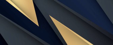 Lüks kağıt kesimi arka plan, soyut dekorasyon, altın desenler, altın gradyanlar, 3d Vektör çizimi. Siyah, koyu mavi, altın dalgalar Şablon, geometrik şekiller, modern minimal bayrak