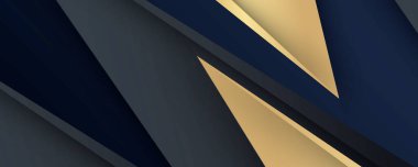 Lüks kağıt kesimi arka plan, soyut dekorasyon, altın desenler, altın gradyanlar, 3d Vektör çizimi. Siyah, koyu mavi, altın dalgalar Şablon, geometrik şekiller, modern minimal bayrak