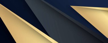 Lüks kağıt kesimi arka plan, soyut dekorasyon, altın desenler, altın gradyanlar, 3d Vektör çizimi. Siyah, koyu mavi, altın dalgalar Şablon, geometrik şekiller, modern minimal bayrak