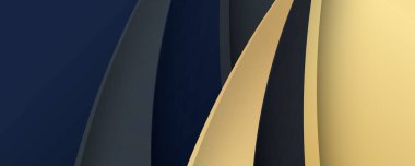 Lüks kağıt kesimi arka plan, soyut dekorasyon, altın desenler, altın gradyanlar, 3d Vektör çizimi. Siyah, koyu mavi, altın dalgalar Şablon, geometrik şekiller, modern minimal bayrak