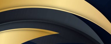 Lüks kağıt kesimi arka plan, soyut dekorasyon, altın desenler, altın gradyanlar, 3d Vektör çizimi. Siyah, koyu mavi, altın dalgalar Şablon, geometrik şekiller, modern minimal bayrak