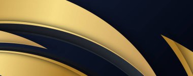 Lüks kağıt kesimi arka plan, soyut dekorasyon, altın desenler, altın gradyanlar, 3d Vektör çizimi. Siyah, koyu mavi, altın dalgalar Şablon, geometrik şekiller, modern minimal bayrak