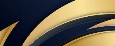 Lüks kağıt kesimi arka plan, soyut dekorasyon, altın desenler, altın gradyanlar, 3d Vektör çizimi. Siyah, koyu mavi, altın dalgalar Şablon, geometrik şekiller, modern minimal bayrak