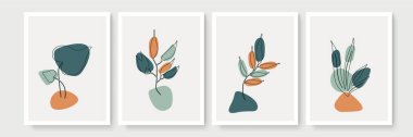 Soyut modern botanik poster koleksiyonu. Soyut şekilli suluboya iç dekorasyonlar için organik bir duvar posteri. Tarafsız pastel renk, yeşillik çizimi. Akrilik vektör