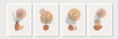 Botanik duvar sanat vektörü ayarlandı. Soyut şekilli, toprak tonunda boho yaprağı çizimi. Baskı, kapak, duvar kağıdı, asgari ve doğal duvar sanatı için soyut bitki sanatı tasarımı