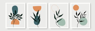 Botanik duvar sanat vektörü ayarlandı. Soyut şekilli, toprak tonunda boho yaprağı çizimi. Baskı, kapak, duvar kağıdı, asgari ve doğal duvar sanatı için soyut bitki sanatı tasarımı