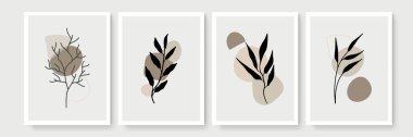 Botanik duvar sanat vektörü ayarlandı. Soyut şekilli, toprak tonunda boho yaprağı çizimi. Baskı, kapak, duvar kağıdı, asgari ve doğal duvar sanatı için soyut bitki sanatı tasarımı