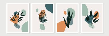 Botanik duvar sanat vektörü ayarlandı. Soyut şekilli yaprak çizimi. Baskı, kapak, duvar kağıdı, asgari ve doğal duvar sanatı için soyut bitki sanatı tasarımı. Vektör illüstrasyonu
