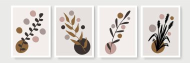 Botanik duvar sanat vektörü ayarlandı. Soyut şekilli yaprak çizimi. Baskı, kapak, duvar kağıdı, asgari ve doğal duvar sanatı için soyut bitki sanatı tasarımı. Vektör illüstrasyonu
