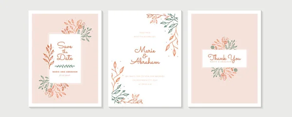 結婚式の招待枠セット 白に隔離された パステルやピンクの色のスケッチ花輪 花やハーブガーランド 手描きベクトル水彩画 ボヘミアンスタイル — ストックベクタ