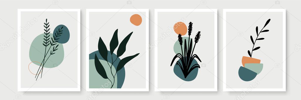 Botanical wall art vector set. Earth tone boho foliage line art drawing with abstract shape. Abstract Plant Art design for print, cover, wallpaper, Minimal and natural wall art