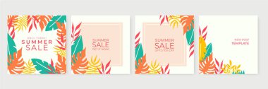 Yaz indirimi afiş şablonu. Yapraklar ve çiçek tasarımı ile yaz soyut arka plan. Tropikal zemin. Mevsimlik tasarımın için tanıtım rozeti. Sosyal medya paylaşımı veya hikaye için vektör illüstrasyonu