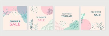 Çiçek geçmişi olan sosyal medya derlemeleri. Tropikal yapraklı yaz indirimi afişi, afiş, el ilanı, davetiye, poster, web sitesi veya tebrik kartı için egzotik çiçek tasarımı