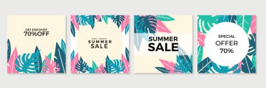 Çiçekli ve geometrik elementlere sahip soyut yaz bahar sanat şablonları. Sosyal medya paylaşımları, mobil uygulamalar, afişler tasarımı ve internet reklamları için uygun. Vektör moda arkaplanı