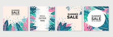 Çiçekli ve geometrik elementlere sahip soyut yaz bahar sanat şablonları. Sosyal medya paylaşımları, mobil uygulamalar, afişler tasarımı ve internet reklamları için uygun. Vektör moda arkaplanı