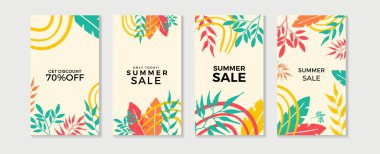 Çiçekli ve geometrik elementlere sahip soyut yaz bahar sanat şablonları. Sosyal medya paylaşımları, mobil uygulamalar, afişler tasarımı ve internet reklamları için uygun. Vektör moda arkaplanı