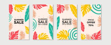 Çiçekli ve geometrik elementlere sahip soyut yaz bahar sanat şablonları. Sosyal medya paylaşımları, mobil uygulamalar, afişler tasarımı ve internet reklamları için uygun. Vektör moda arkaplanı