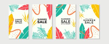 Çiçekli ve geometrik elementlere sahip soyut yaz bahar sanat şablonları. Sosyal medya paylaşımları, mobil uygulamalar, afişler tasarımı ve internet reklamları için uygun. Vektör moda arkaplanı