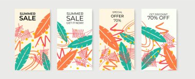 Bir dizi soyut yaratıcı evrensel sanatsal şablonlar. Poster, kart, davetiye, el ilanı, kapak, afiş ve diğer grafik tasarımı için vektör çizimi. Sosyal medya paylaşımı için yaz indirimi afişi