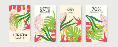 Çiçekli ve geometrik elementlere sahip soyut yaz bahar sanat şablonları. Sosyal medya paylaşımları, mobil uygulamalar, afişler tasarımı ve internet reklamları için uygun. Vektör moda arkaplanı