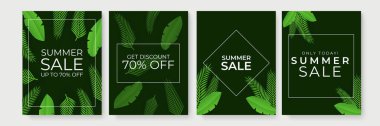 Tropikal kağıt kesim yapraklı yaz indirimi afişi. Yeşil tropikal palmiye yaprakları ya da yapraklardan yapılmış çerçeve ya da kenarlı dikey yaz arkaplan koleksiyonu veya metin için yer