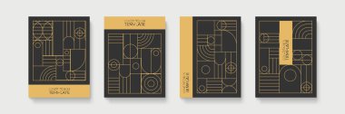Etiketli Geometrik Art Deco geometrik desen, siyah arkaplanda altın. Altın, klasik, retro, sonbahar, kış, çerçeve işareti. Dekoratif soyut tasarım, kapak şablonu, zarif lüks çizgiler